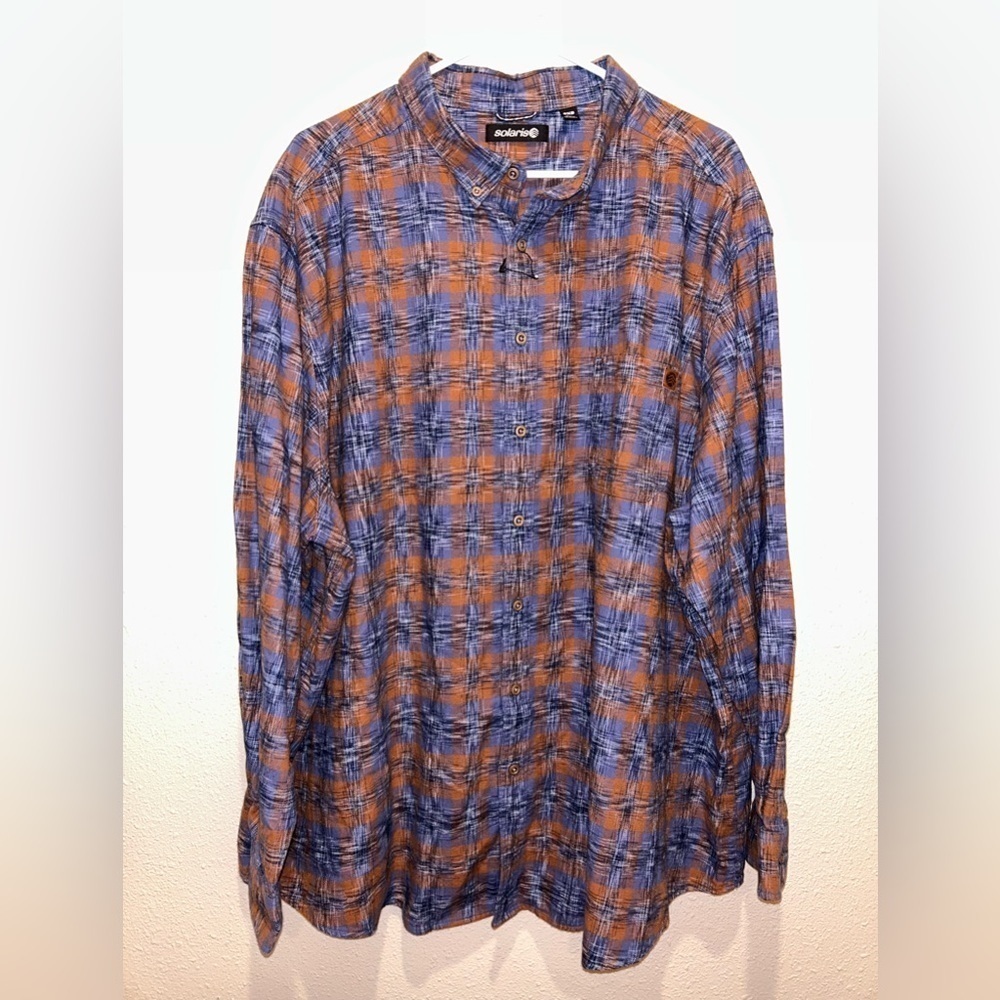 Solaris Men's 3XB Long Sleeve Blue Rust Cotton Plaid Lens Cleaner‎ Flannel Shirt